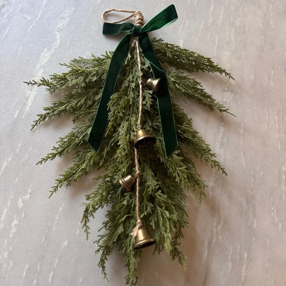 NEW Greenery Cedar Teardrop Holiday Swag with Velvet Ribbon & Bells